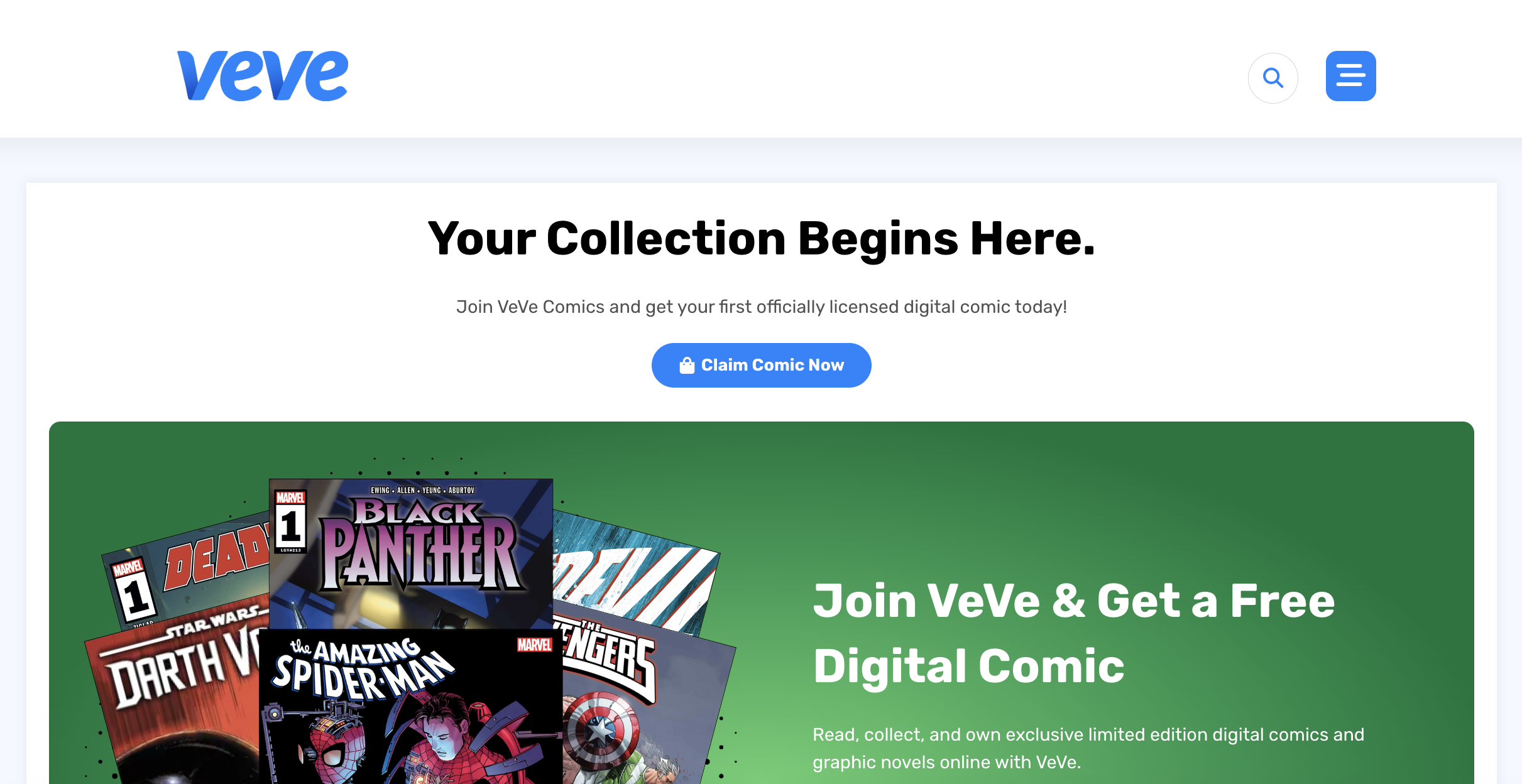 VeVe Comic Landing Page